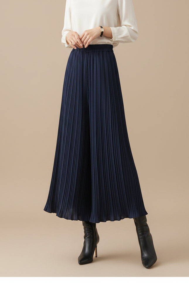 Pantalon Jupe Plissé Ample Long Bleu Marine Élégant - Polyester