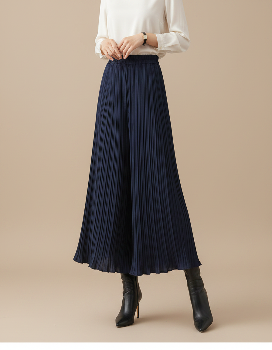 Pantalon Jupe Plissé Ample Long Bleu Marine Élégant - Polyester