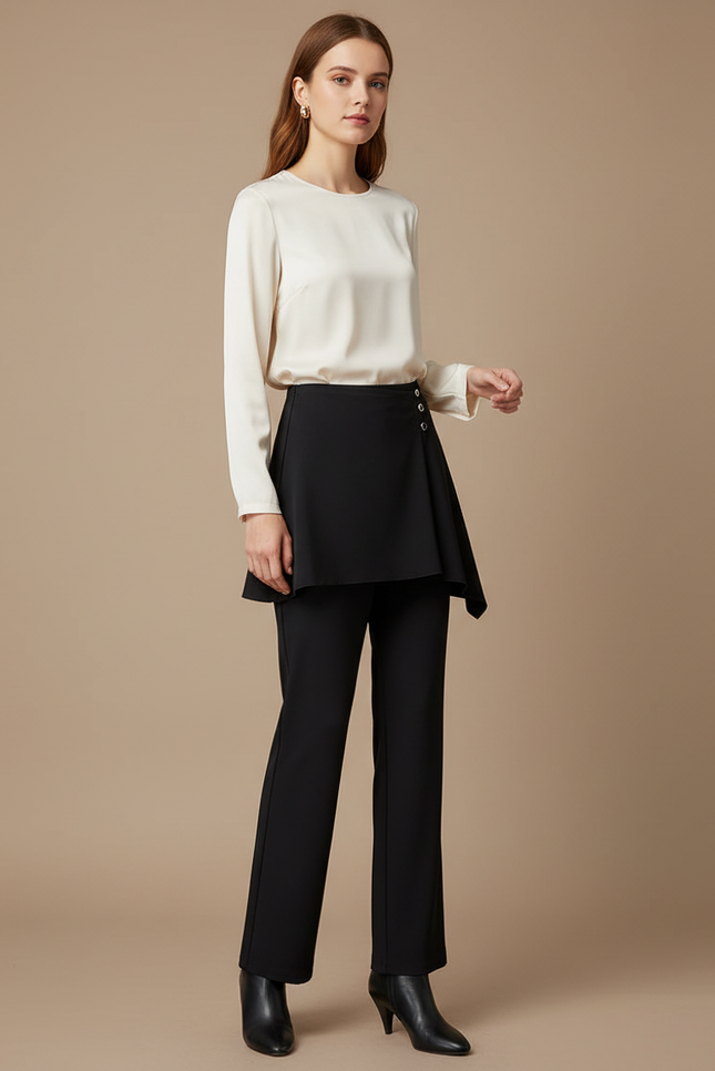 Pantalon Jupe Noir Superposé Élégant Femme Moderne - Polyester