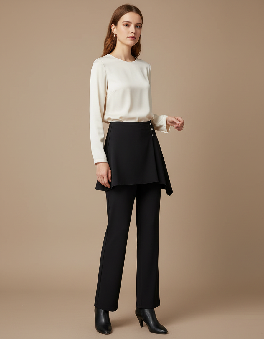 Pantalon Jupe Noir Superposé Élégant Femme Moderne - Polyester