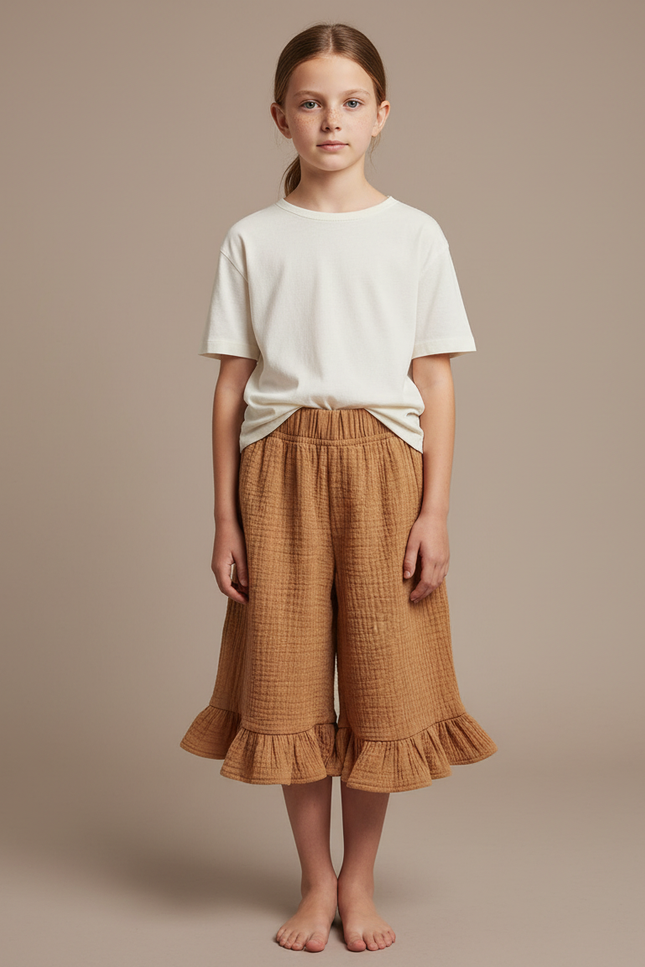 Pantalon Jupe Marron Fluide Volants Enfant Coton - Camel