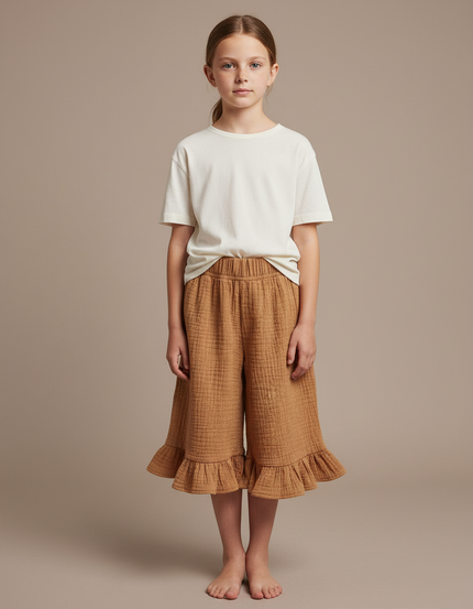 Pantalon Jupe Marron Fluide Volants Enfant Coton - Camel