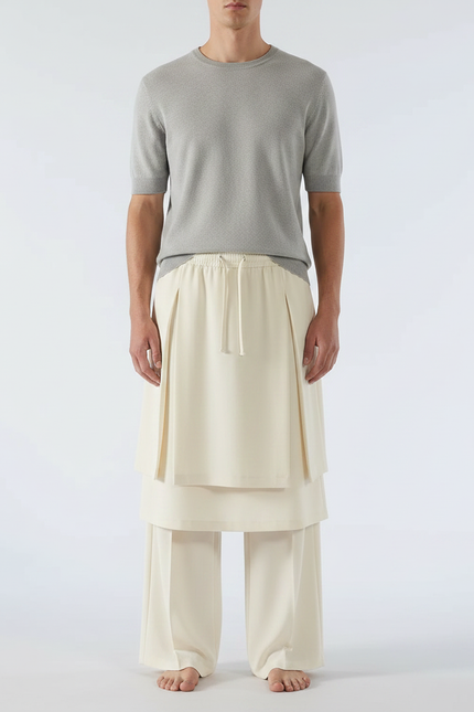 Pantalon Jupe Crème Plissé Ample Décontracté Homme - Beige Polyester