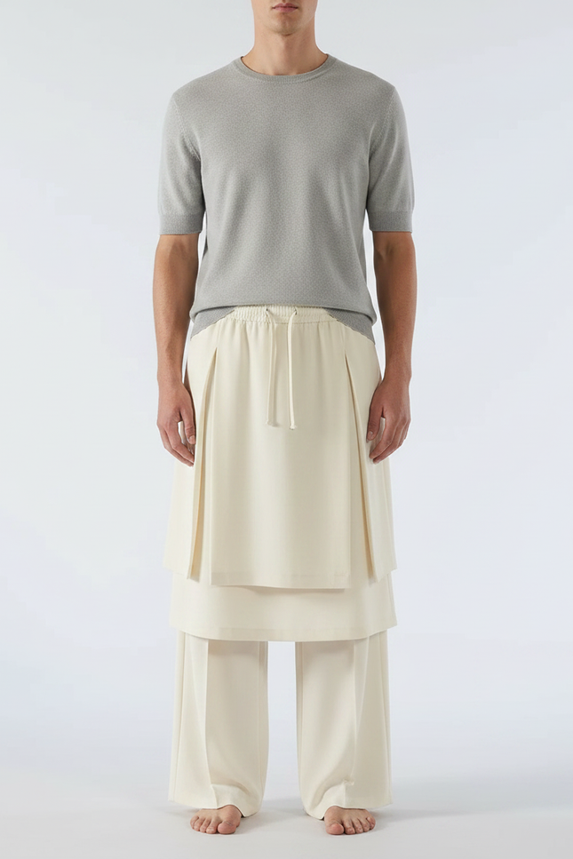 Pantalon Jupe Crème Plissé Ample Décontracté Homme - Beige Polyester