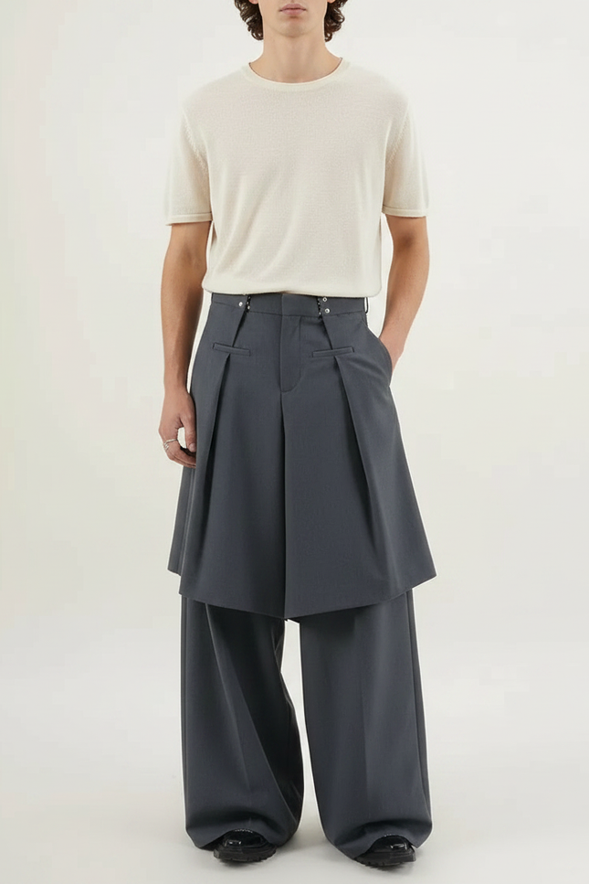 Pantalon Jupe Gris Plissé Ample Décontracté Homme - Gabardine