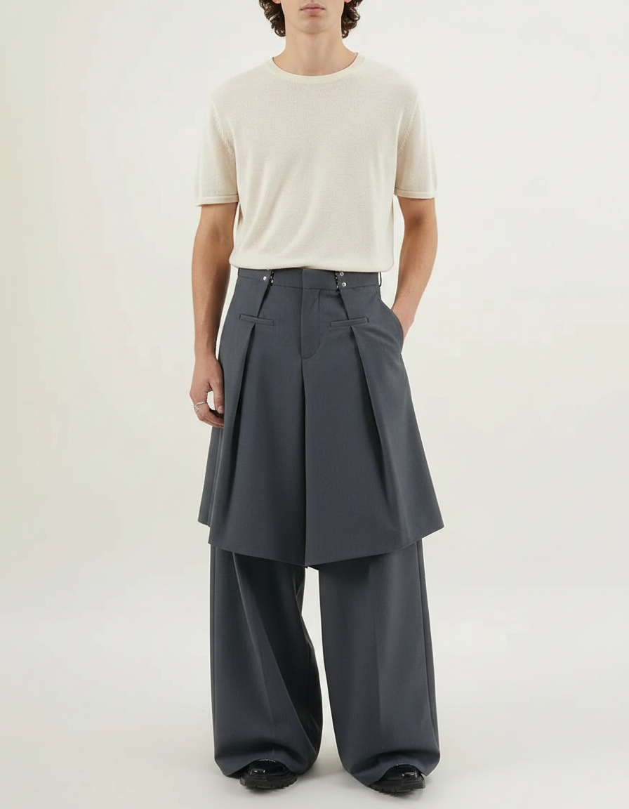Pantalon Jupe Gris Plissé Ample Décontracté Homme - Gabardine