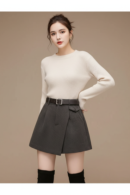 Pantalon Jupe Laine Grise Asymétrique Ceinturée Élégante