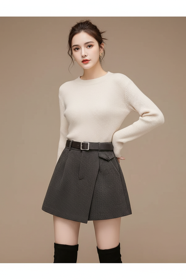 Pantalon Jupe Laine Grise Asymétrique Ceinturée Élégante