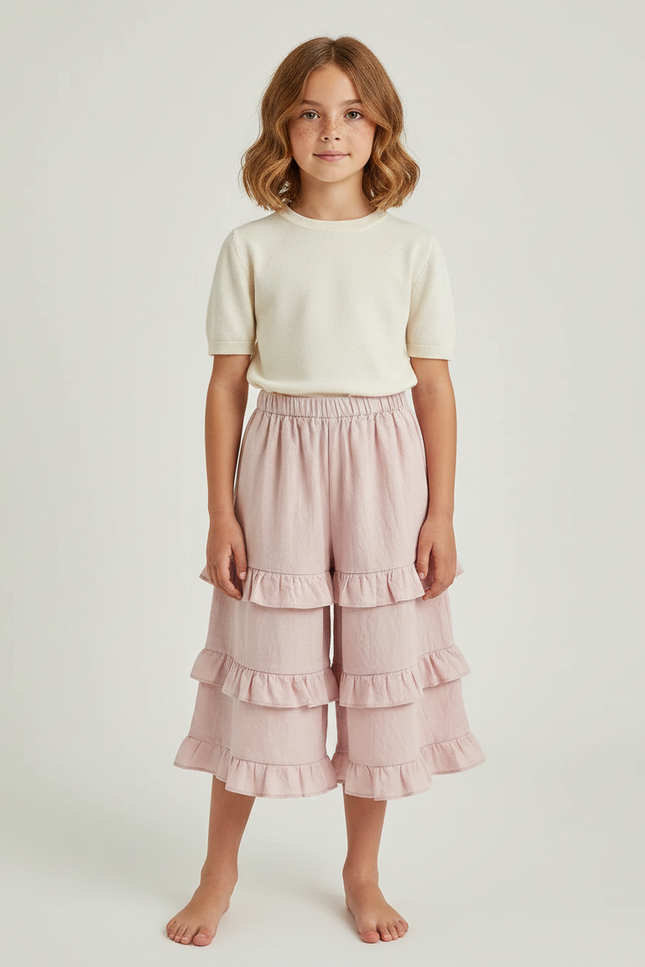 Pantalon Jupe Rose Volants Ample Coton Fille - Lin