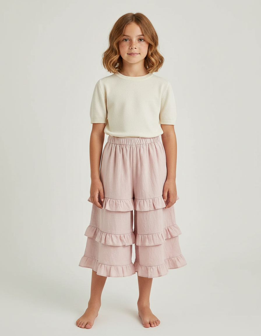 Pantalon Jupe Rose Volants Ample Coton Fille - Lin