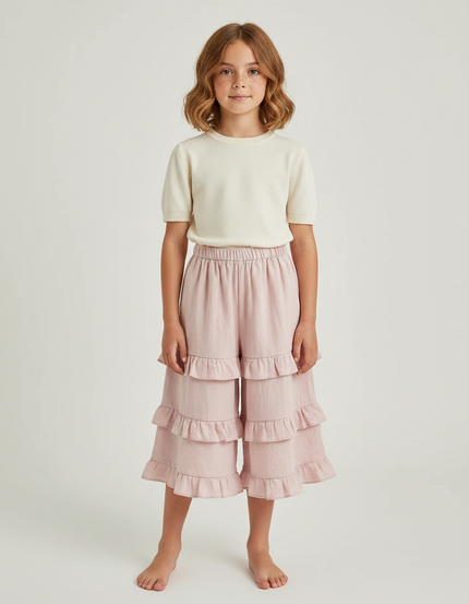Pantalon Jupe Rose Volants Ample Coton Fille - Lin