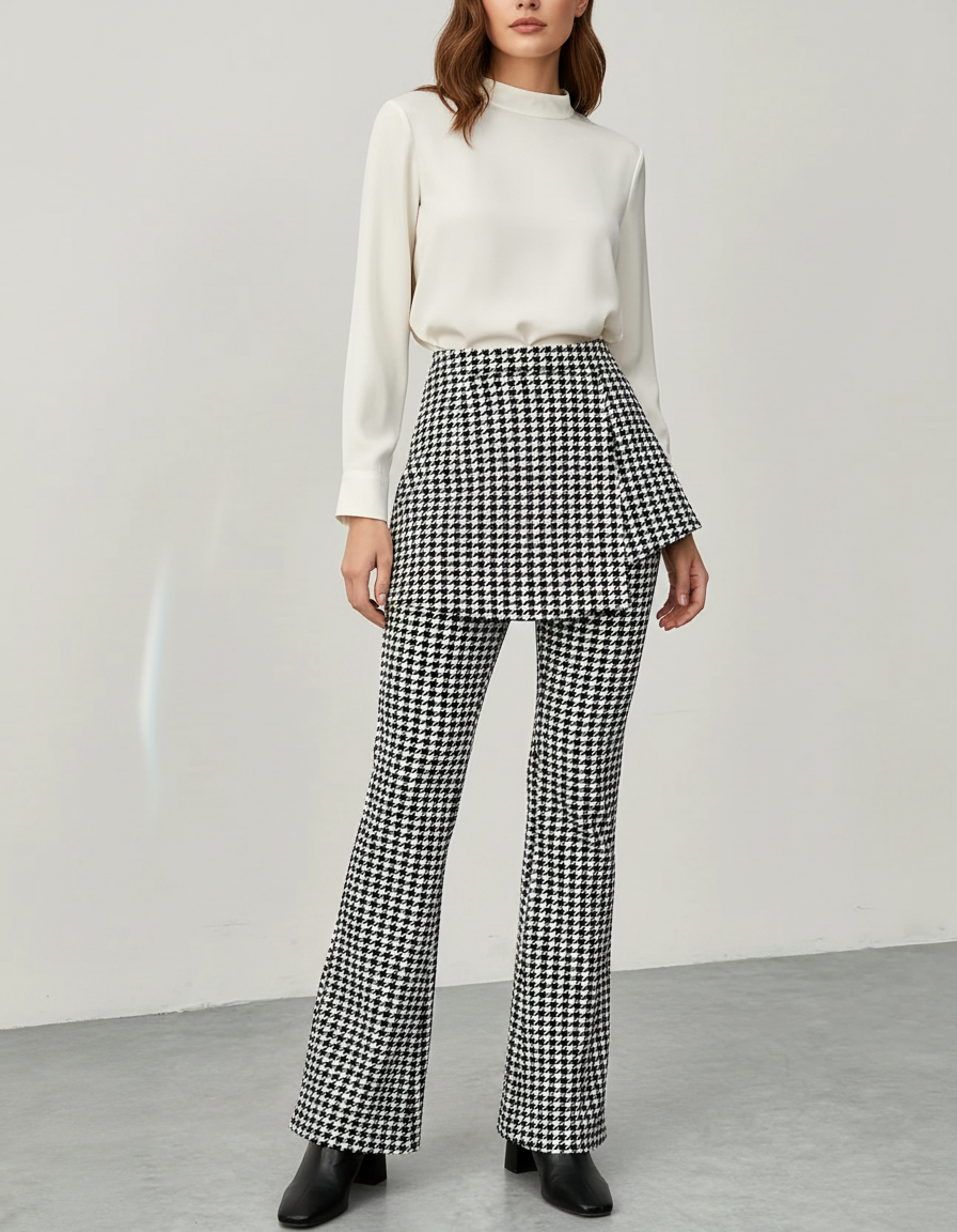 Pantalon Jupe Pied-de-poule Évasé Élégant Femme - Imprimé Tweed