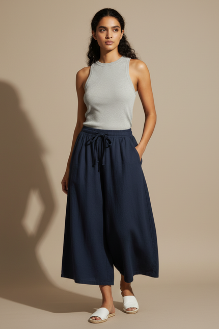 Pantalon Jupe Bleu Marine Ample Lin Fluide Décontracté