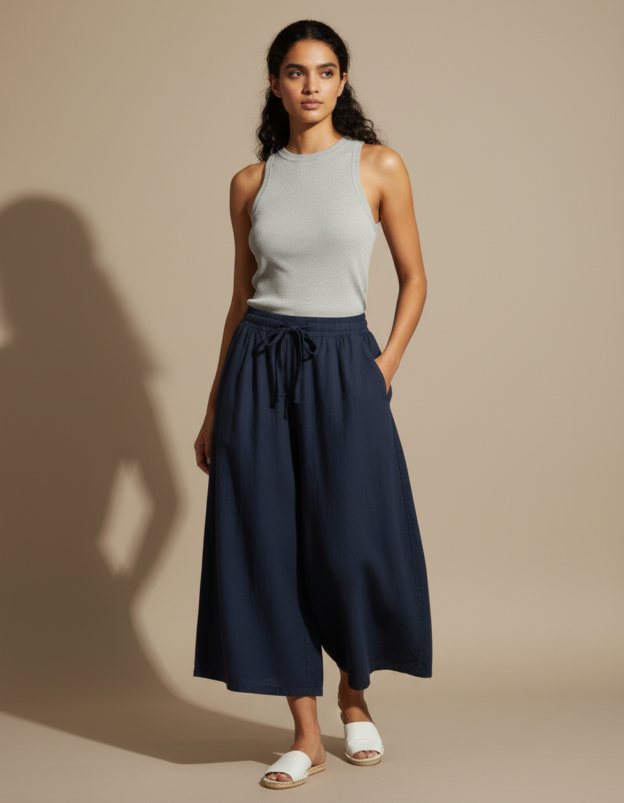 Pantalon Jupe Bleu Marine Ample Lin Fluide Décontracté