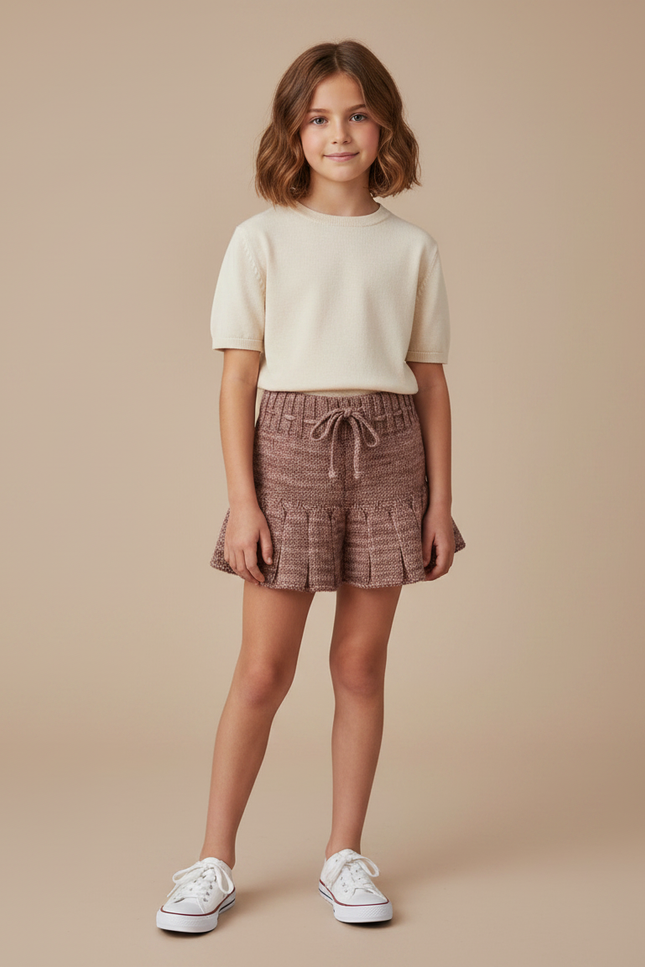 Pantalon Jupe Tricoté Plissé Marron Vintage Fille - Maille