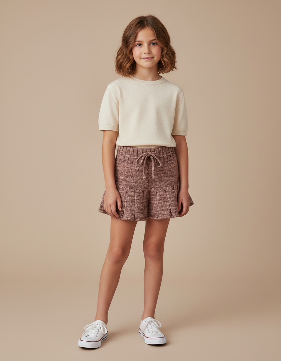 Pantalon Jupe Tricoté Plissé Marron Vintage Fille - Maille