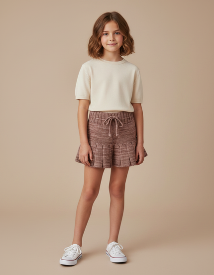 Pantalon Jupe Tricoté Plissé Marron Vintage Fille - Maille