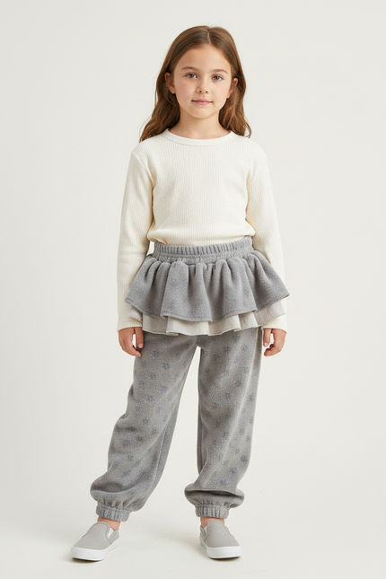 Pantalon Jupe Gris Volants Superposés Polaire Étoiles - Polyester