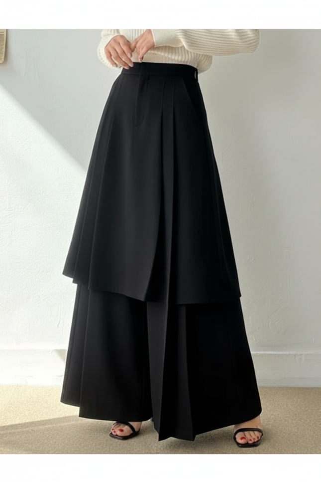 Pantalon Jupe Noir Plissé Fluide Élégant Ample - Polyester