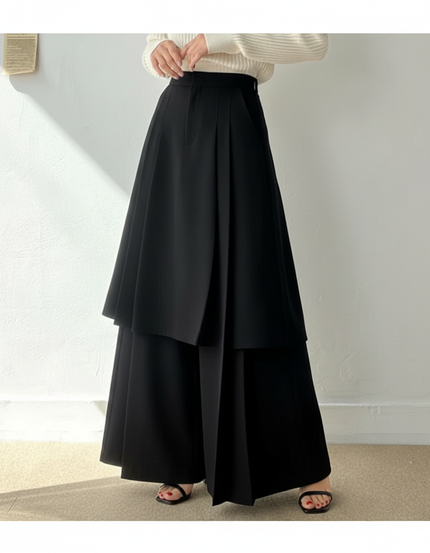 Pantalon Jupe Noir Plissé Fluide Élégant Ample - Polyester