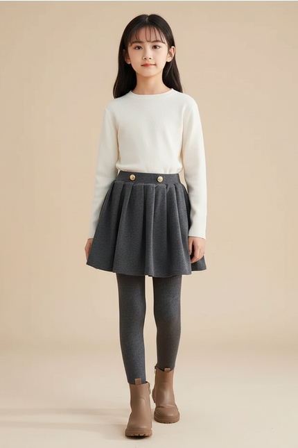 Pantalon Jupe Gris Plissé Chaud Épais Fille - Molleton