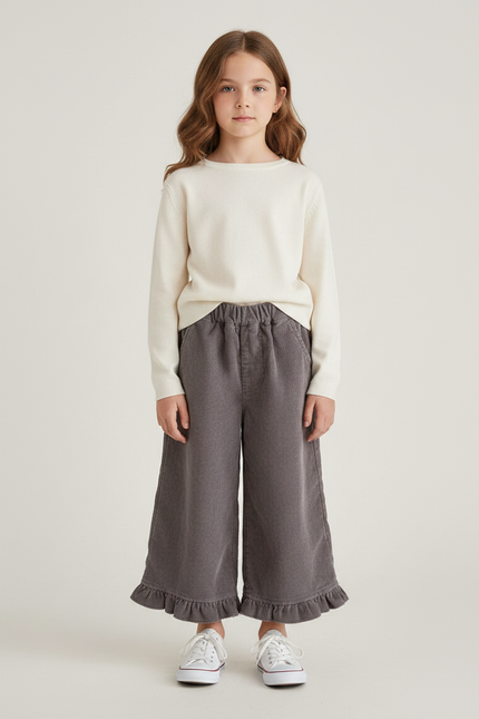 Pantalon Jupe Velours Côtelé Gris Volants Ample Enfant - Cordé