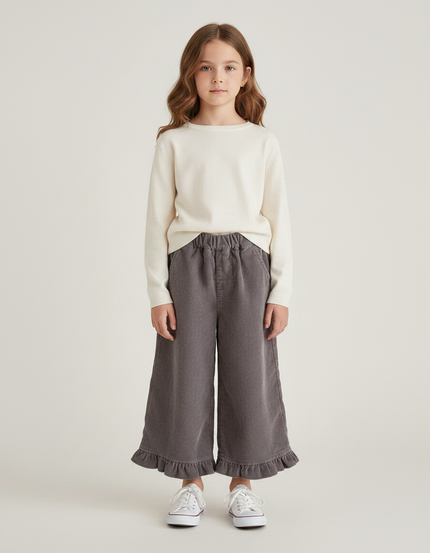 Pantalon Jupe Velours Côtelé Gris Volants Ample Enfant - Cordé