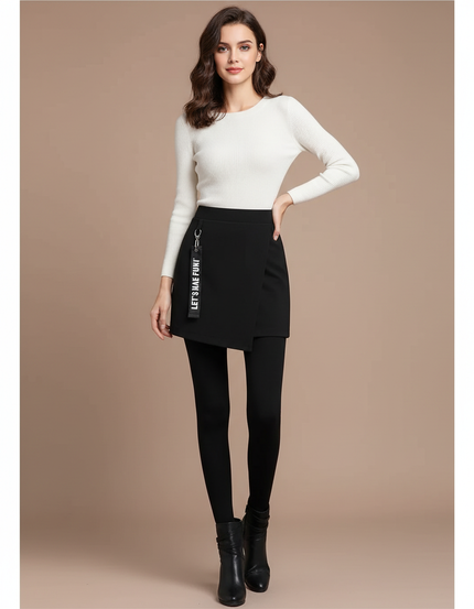 Pantalon Jupe Noir Asymétrique Intégré Élégant Hiver - Maille
