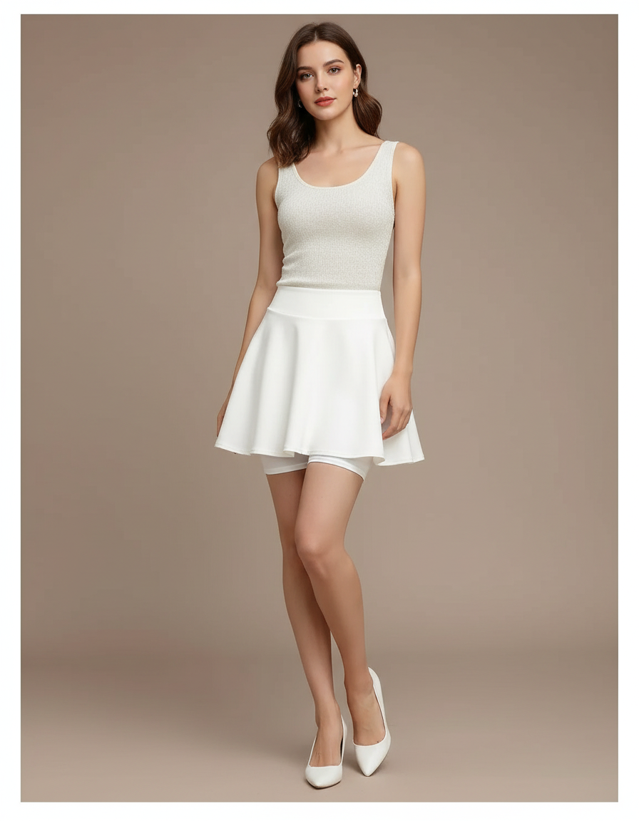 Pantalon Jupe Blanc Plissé Courte Évasée Femme - Polyester