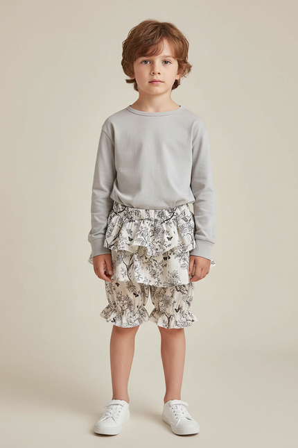 Pantalon Jupe Blanc Volants Coton Motif Floral Enfant