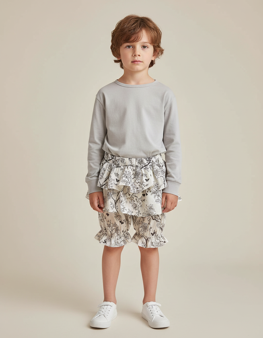 Pantalon Jupe Blanc Volants Coton Motif Floral Enfant