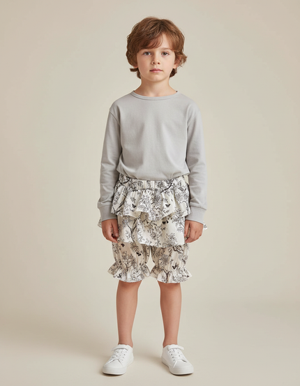 Pantalon Jupe Blanc Volants Coton Motif Floral Enfant