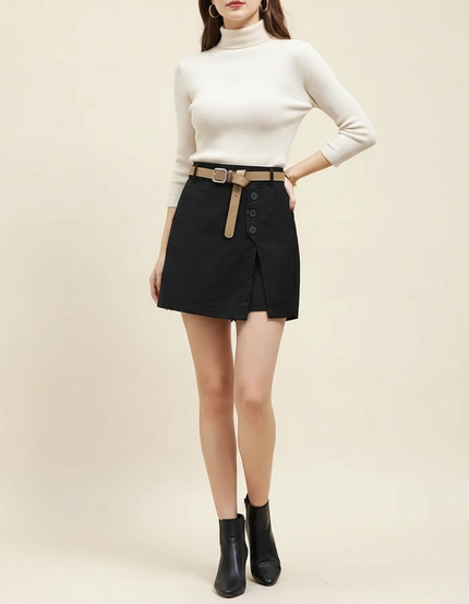 Pantalon Jupe Noir Boutons A-line Ceinturé Chic - Gabardine
