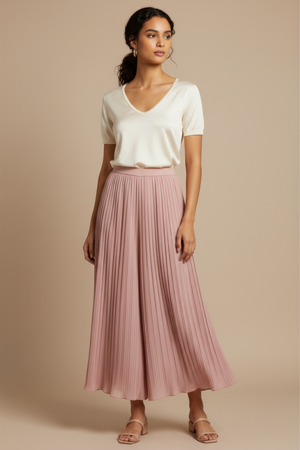 Pantalon Jupe Plissé Rose Poudré Fluide Long Élégant - Polyester
