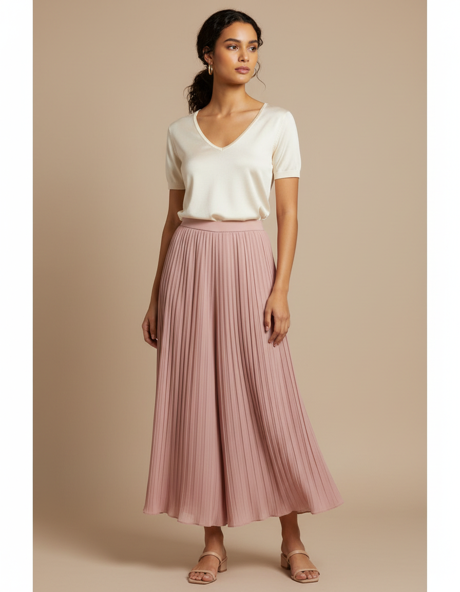 Pantalon Jupe Plissé Rose Poudré Fluide Long Élégant - Polyester