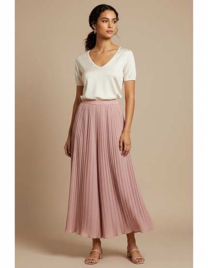 Pantalon Jupe Plissé Rose Poudré Fluide Long Élégant - Polyester