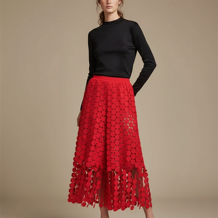 Pantalon Jupe Rouge Cercles Dentelle Transparente Fluide Élégant - Polyester