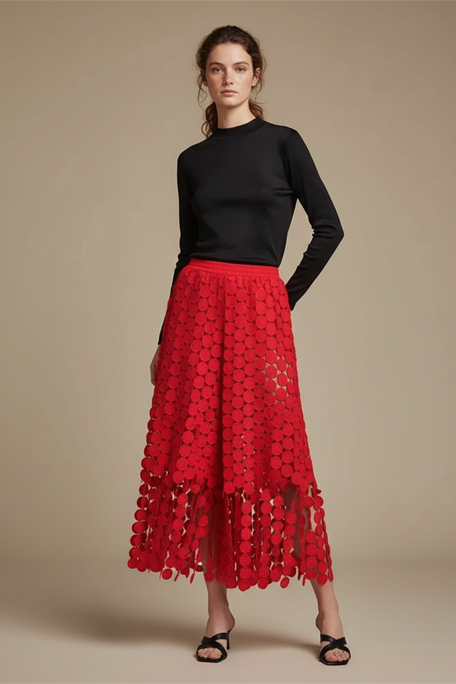Pantalon Jupe Rouge Cercles Dentelle Transparente Fluide Élégant - Polyester