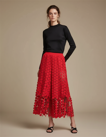 Pantalon Jupe Rouge Cercles Dentelle Transparente Fluide Élégant - Polyester