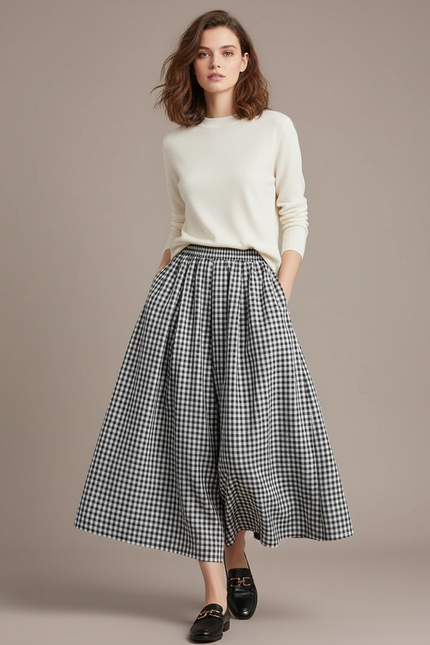 Pantalon Jupe Carreaux Ample Plissé Fluide Élégant - Imprimé Viscose