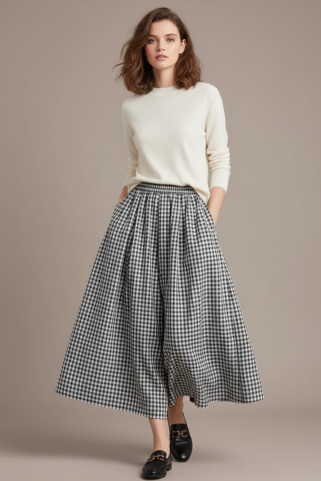 Pantalon Jupe Carreaux Ample Plissé Fluide Élégant - Imprimé Viscose