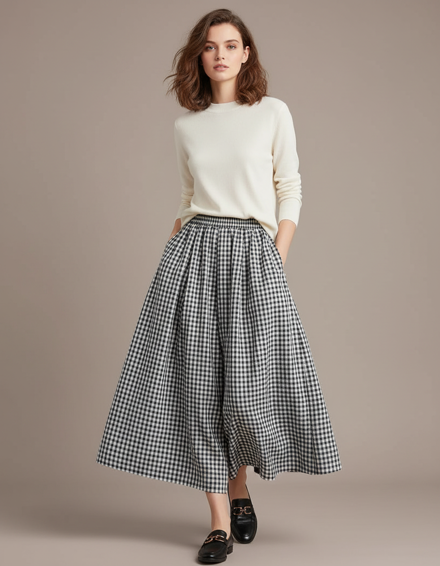 Pantalon Jupe Carreaux Ample Plissé Fluide Élégant - Imprimé Viscose