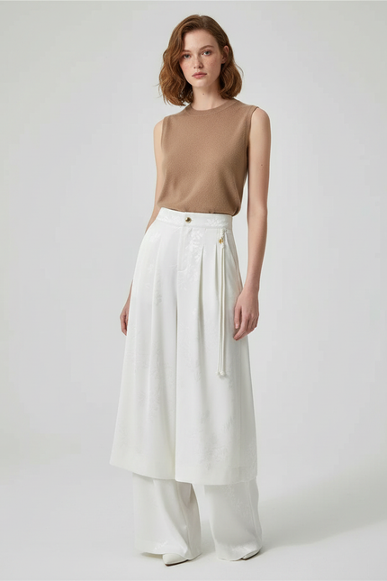 Pantalon Jupe Blanc Jacquard Satin Ample Élégant