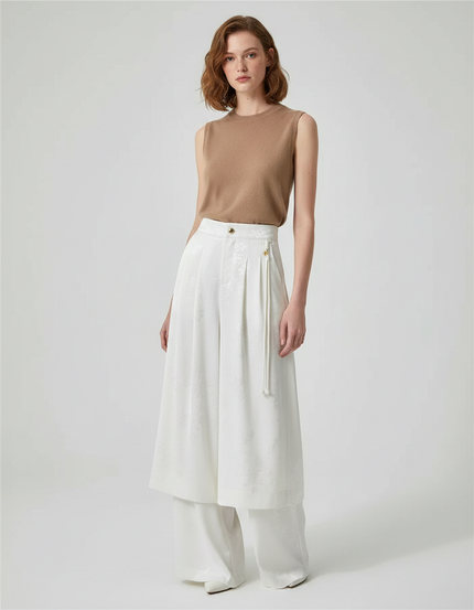 Pantalon Jupe Blanc Jacquard Satin Ample Élégant