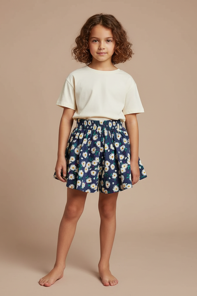 Pantalon Jupe Bleu Marine Fleuri Ample Fille - Coton
