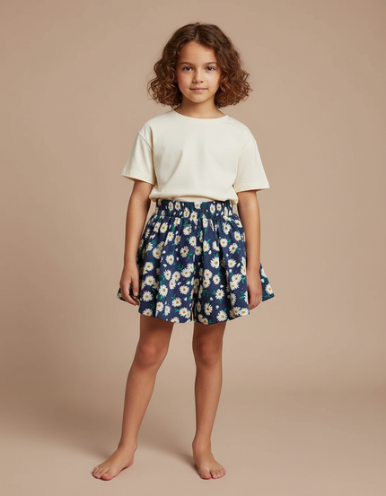 Pantalon Jupe Bleu Marine Fleuri Ample Fille - Coton
