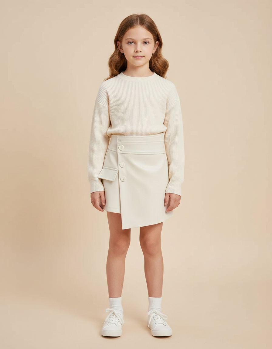 Pantalon Jupe Crème Asymétrique Boutons Élégant Cuir - Beige