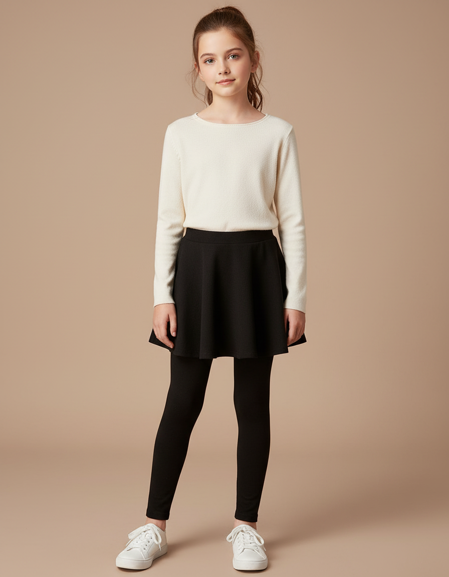 Pantalon Jupe Noir Uni Extensible Fille Confortable - Maille