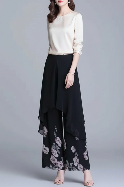 Pantalon Jupe Noir Fleurs Chiffon Ample Élégant - Polyester