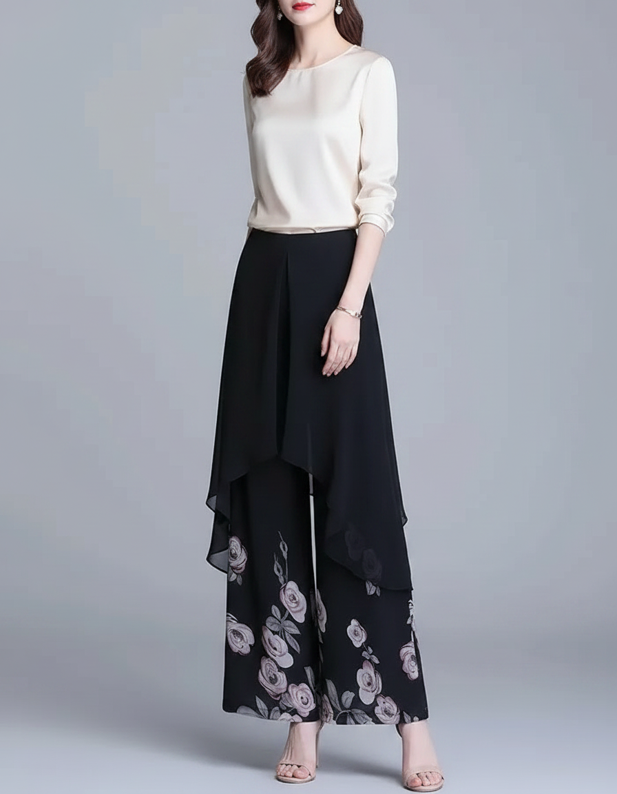 Pantalon Jupe Noir Fleurs Chiffon Ample Élégant - Polyester